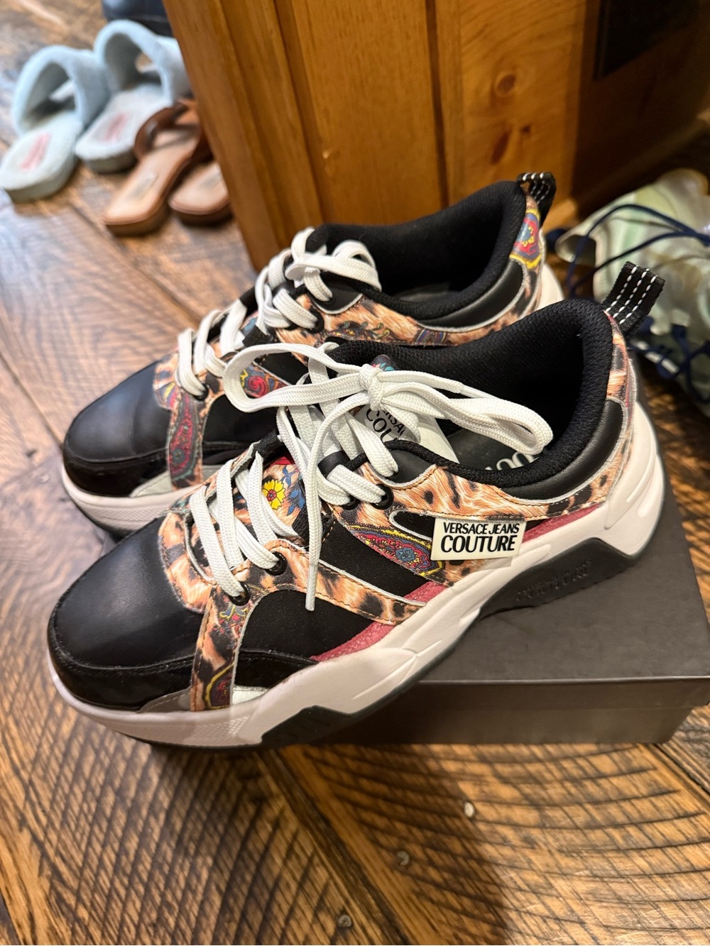 Versace Jeans Couture Black Multicolor Leather & Fabric Sneakers